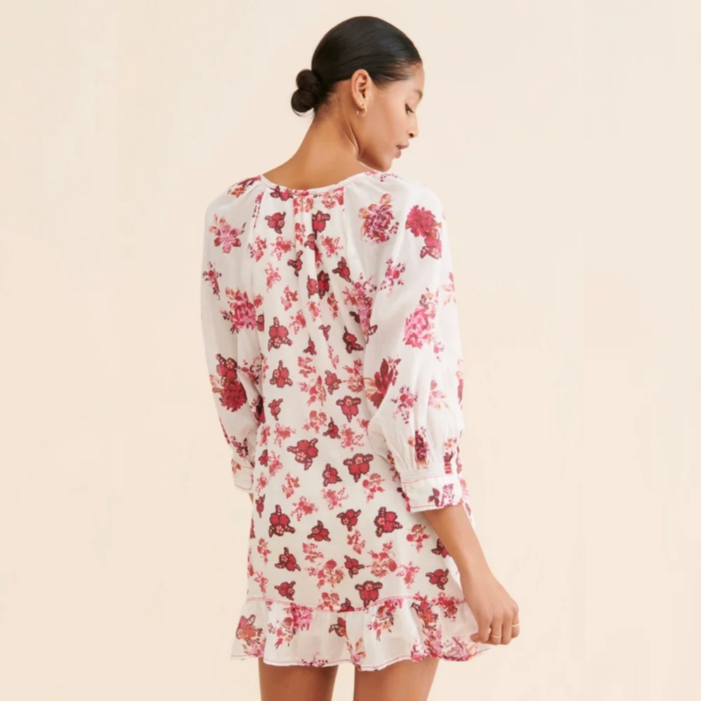 Free People Camella Mini Dress‎ White And Pink Floral Print Women's Size Large